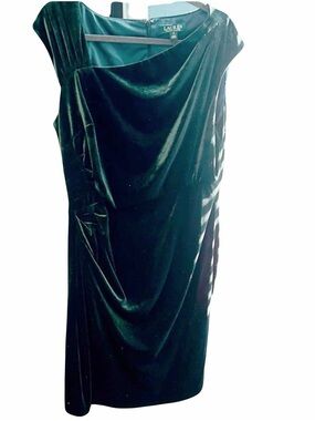 16 Calvin Klein Dark Green Velvet Midi Dress asymmetrical stretchy cocktail